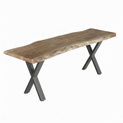 Acacia Live Edge Dining Bench With X Shape Grey Metal Legs 125 cm