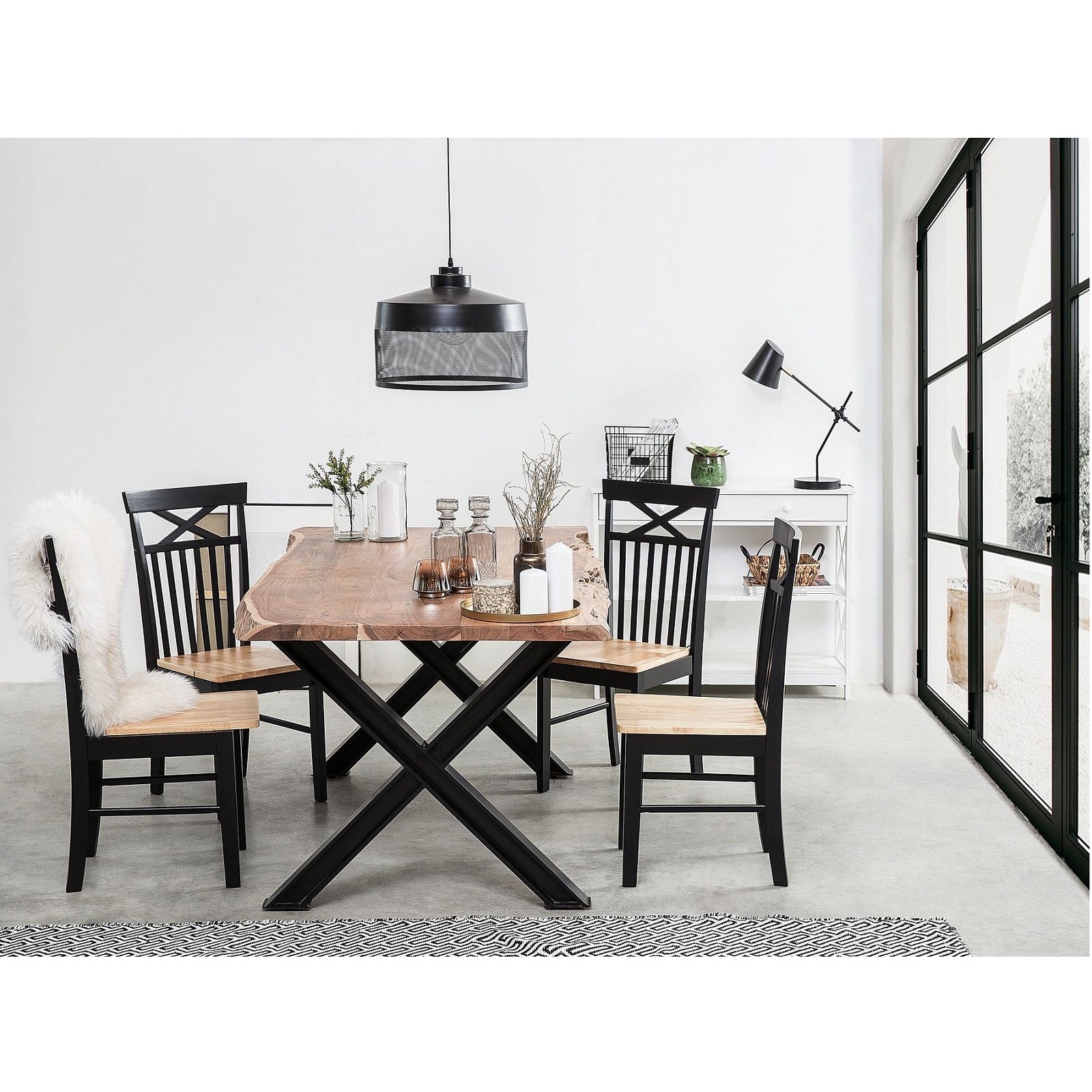 8 Seater Large Live Edge Dining Table Natural Acacia Wood And Cross Black Metal Legs 200 cm